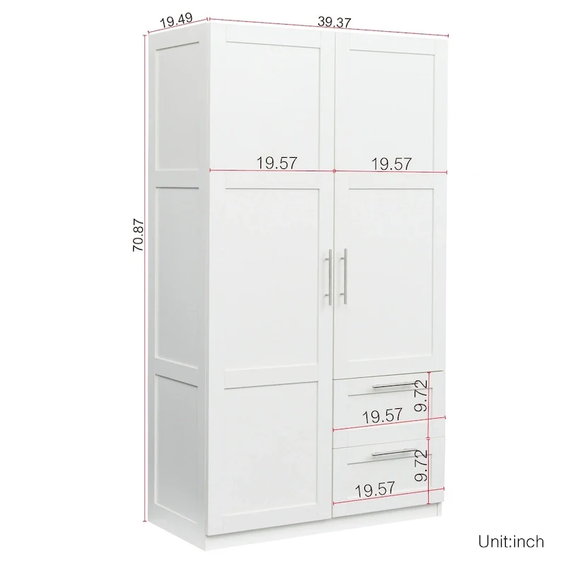 Armoire-penderie en bois blanc avec portes, tiroirs et tringle.