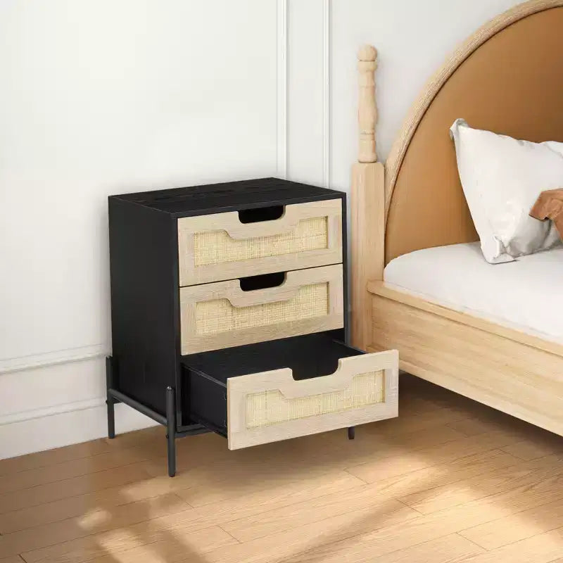 Rattan Nightstand with 3 Drawers, Compact Bedside Table, Wooden Rustic End Table with Storage, Metal Legs, for Bedroom, Living Room, Easy Assembly