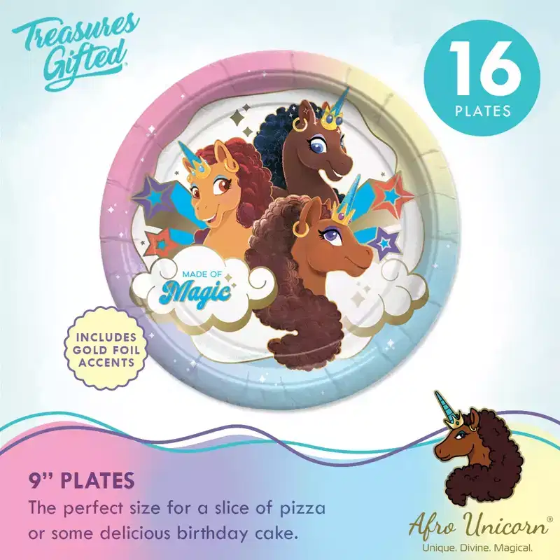 Treasures Gifted Afro Unicorn Birthday Party Supplies - Tableware Classic Set for 16 Guests - Plates, Cups & Napkins
