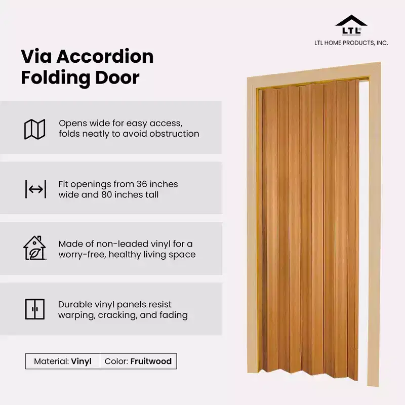 LTL Home Products Via 36 x 80 Vinyl Panel Single Folding Door with Flexible Hinges for Home and Office Interiors, Fruitwood