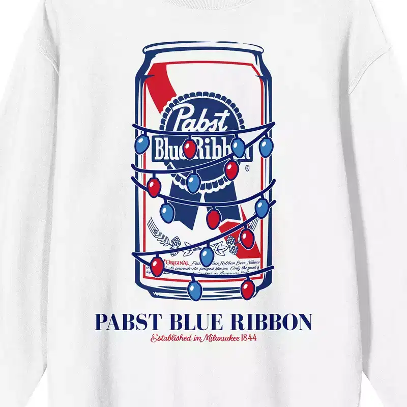 Pabst Blue Ribbon Wrapped in Christmas Lights Men's White Crew Neck Sweatshirt