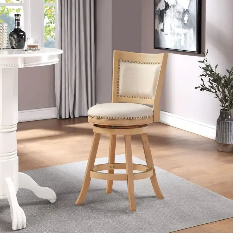 High Back Swivel Counter Stool with Linen Cushion and Wood Frame