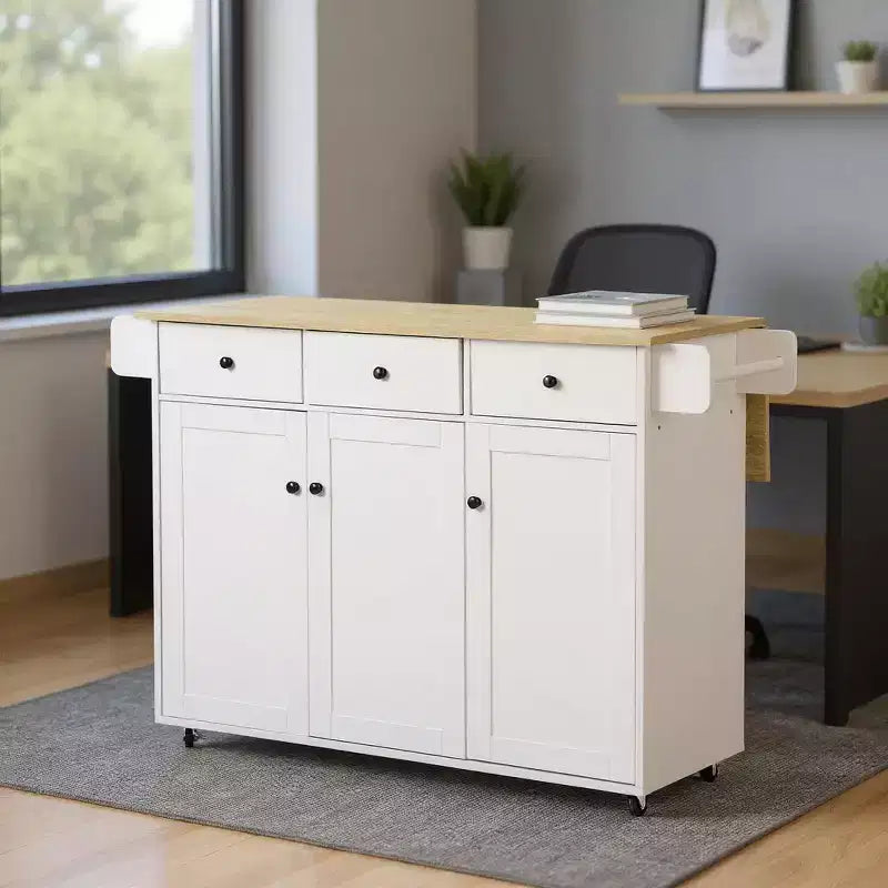 FurnitureR Mobile Kitchen Island Cart with Folding Drop Leaf, 45.3 Wide Kitchen Storage Cabinet on Wheels, Rolling Space-Saving Prep Table, White