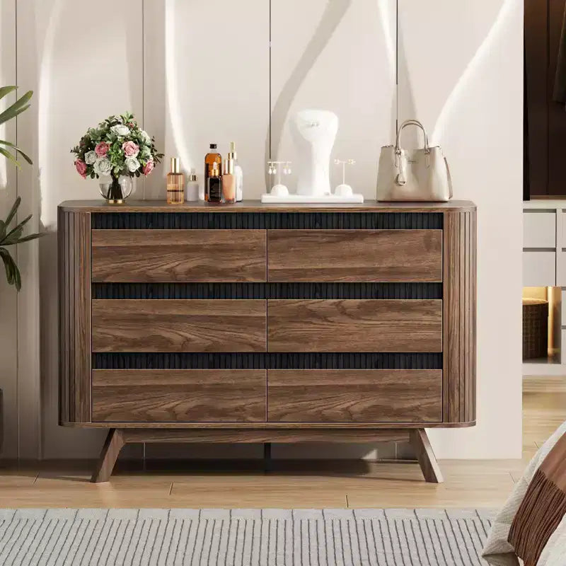 Modern Wood 6 Drawer Double Dresser Curved Roller Shutter Design Large Storage Chest of Drawers Bedroom Furniture Living Room Organizer