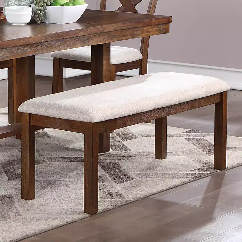 White Upholstered Rectangular Dining Bench, Walnut Wood Frame, Seats 2