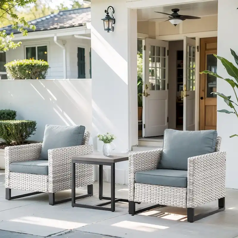 Wicker Outdoor High Back Patio Chairs with Table - Light Grey