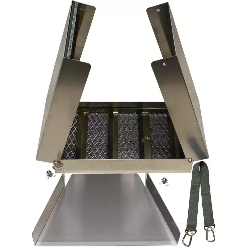 Complete Gold Mining Kit; Folding 50 inch Gold Sluice Box; Rock Pick Hammer; Gold Classifiers; Pay Dirt Scoop; Crevice Tools