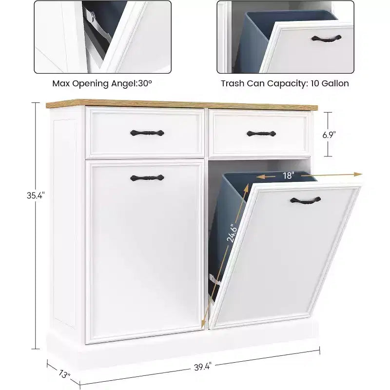 Trash Cabinet Tilt Out Freestanding 10/20 Gallon Hidden Garbage Can Storage for Kitchen Living Room, White