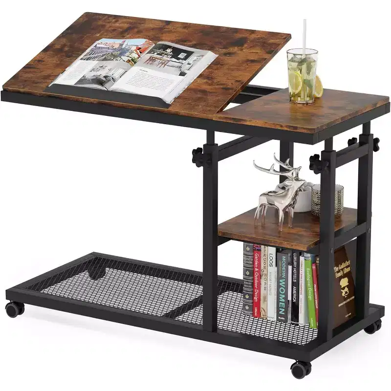 Height Adjustable End Table, C-Type Side Table with Wheels
