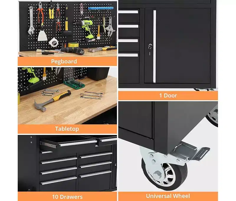 61-Inch 10-Drawer Rolling Tool Chest & Garage Workbench with Power Strip, Solid Rubber Wood Top, 1675 LBS Load Heavy Duty Mobile Workstation Cabinet