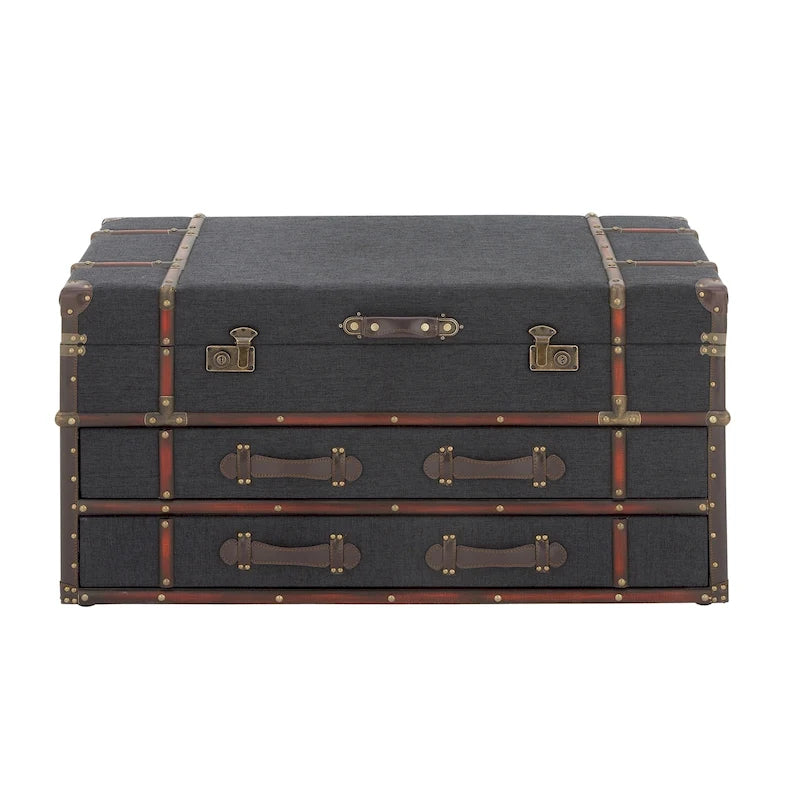 Trunk Coffee Table with 2 Drawers | Faux Leather or Linen | Buckle Hinged Top | Traditional Style | 40x20x21
