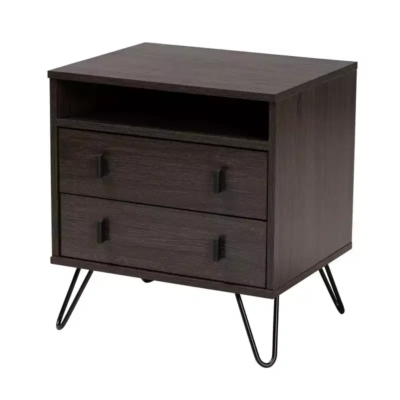 2-Drawer Brown/Black Wood and Metal Nightstand with Open Shelf