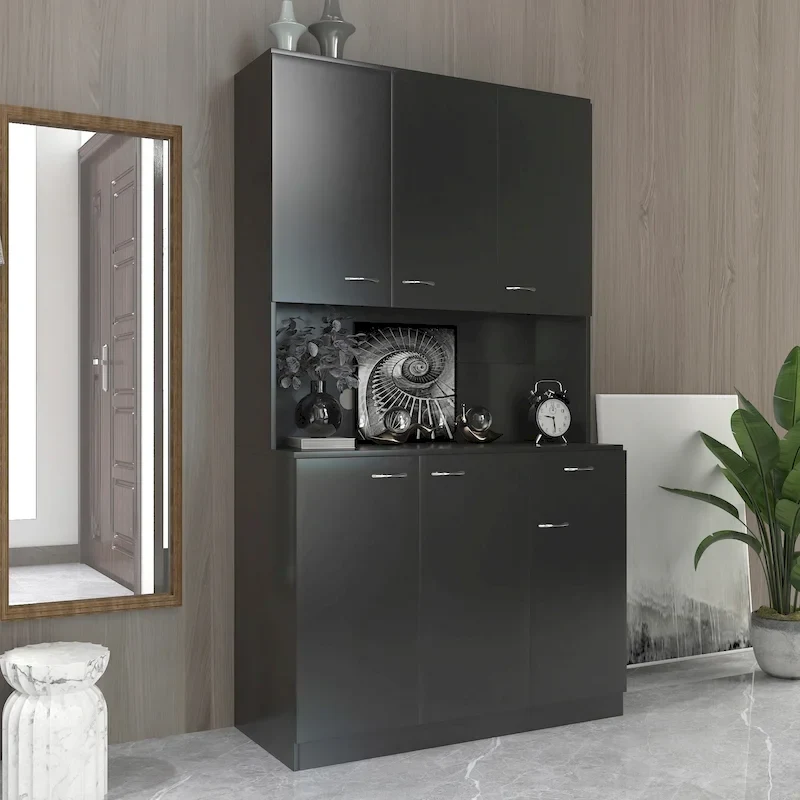 Tall Kitchen Cabinet, with 6-Doors, 1-Open Shelves and 1-Drawer for bedroom,Black