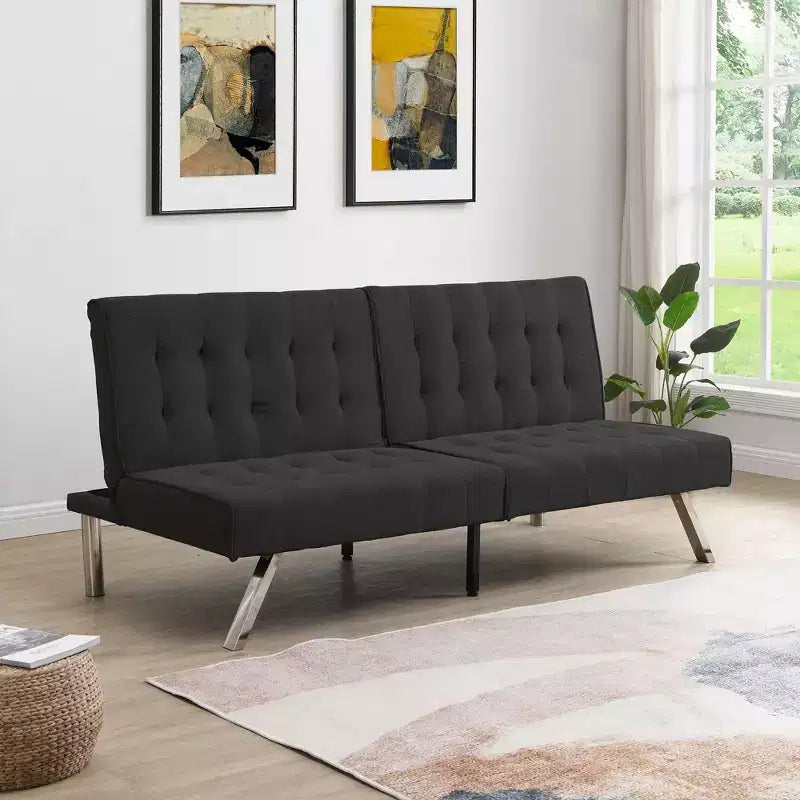 TUYOHW 66.9 Inch PVC/Fabric Convertible Folding Futon Sofa Bed with Stainless Legs for Living Room,Office,Apartment,Bedroom,Black
