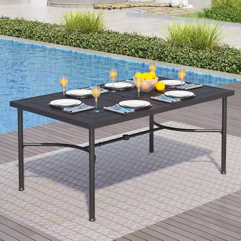 Captiva Designs 8pc Outdoor Patio Rectangle Steel Dining Table & Rattan Swivel Chairs & Beige Umbrella