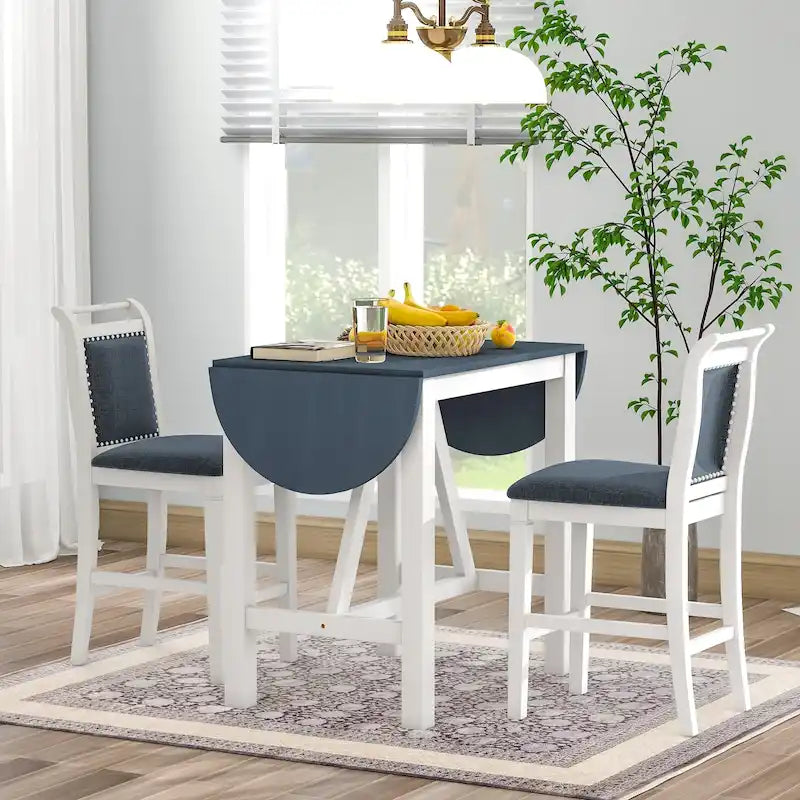 White 3-Piece Wooden Counter Height Dining Table Set with Drop Leaf Table & 2 Chairs