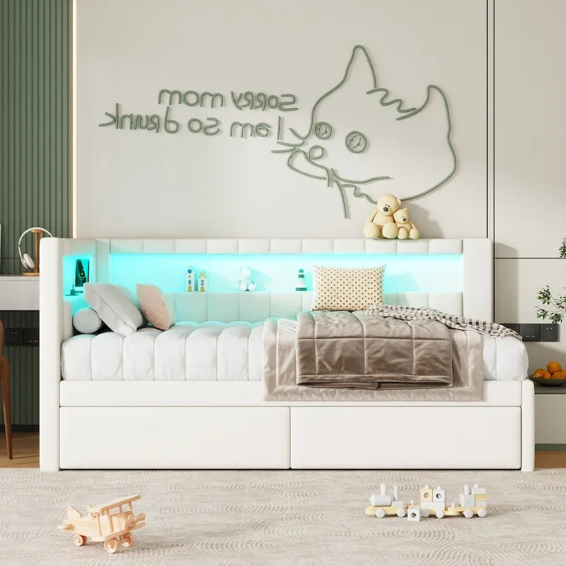 Lit plateforme rembourré avec ports USB et éclairage LED - Cadre de lit double/simple avec 2 tiroirs de rangement - Chambre moderne
