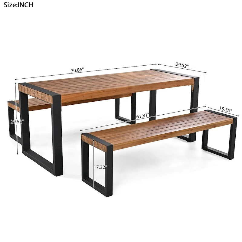 3 Pieces Patio Wood Top Dining Set with 2 Benches and Steel Frame