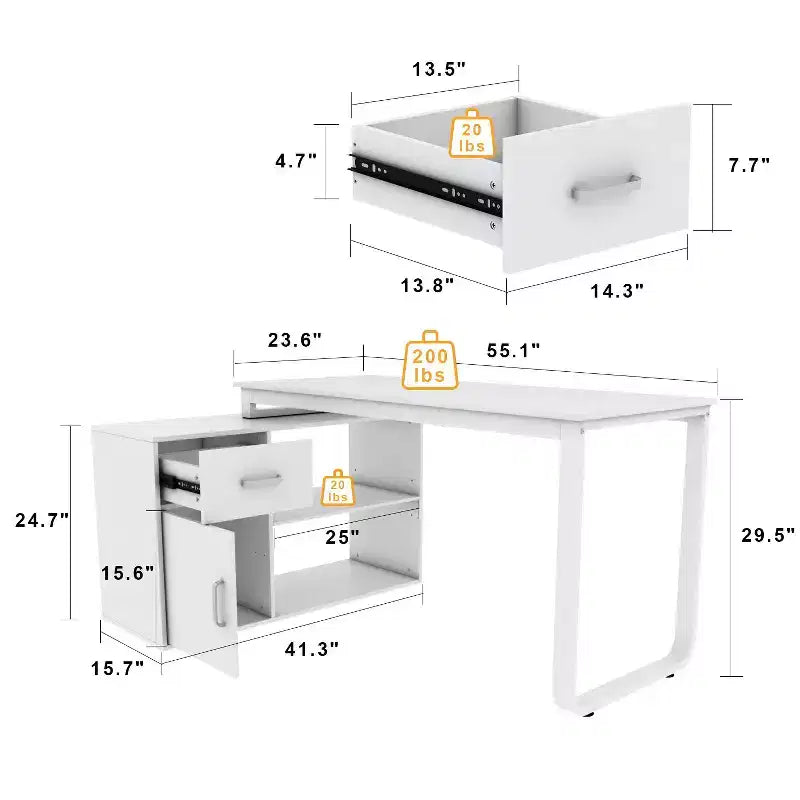 Famapy White Rotatable L-Shaped Computer Desk With Storage Drawers and Shelves