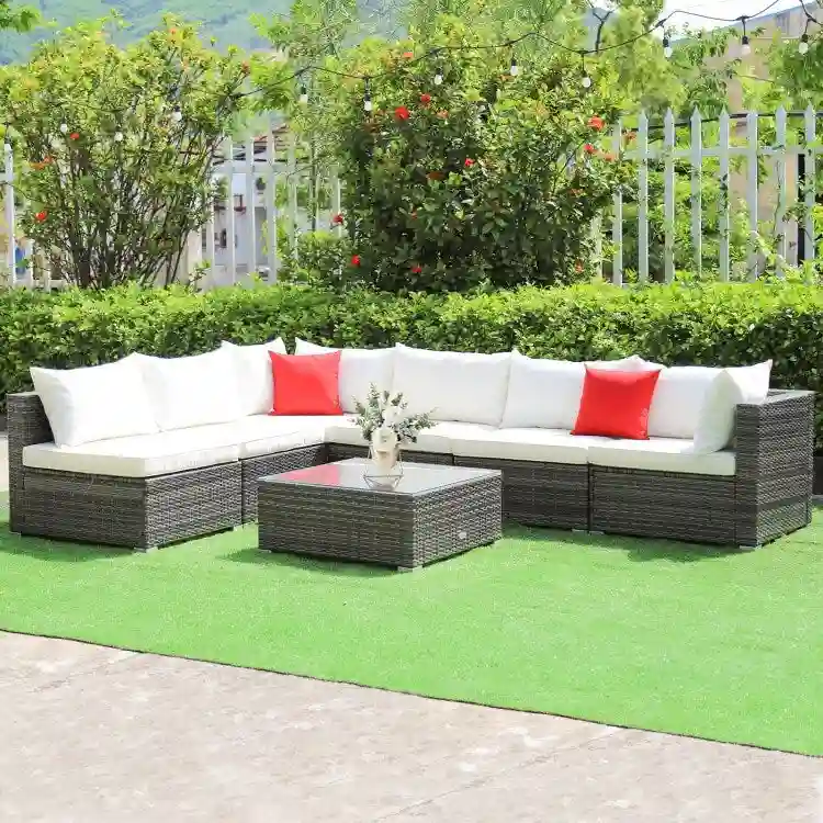 Patio Rattan Furniture Set Sectional Sofa Garden Cushion - 7 Pieces - Armless Sofa: 29 x 25.5 x 24