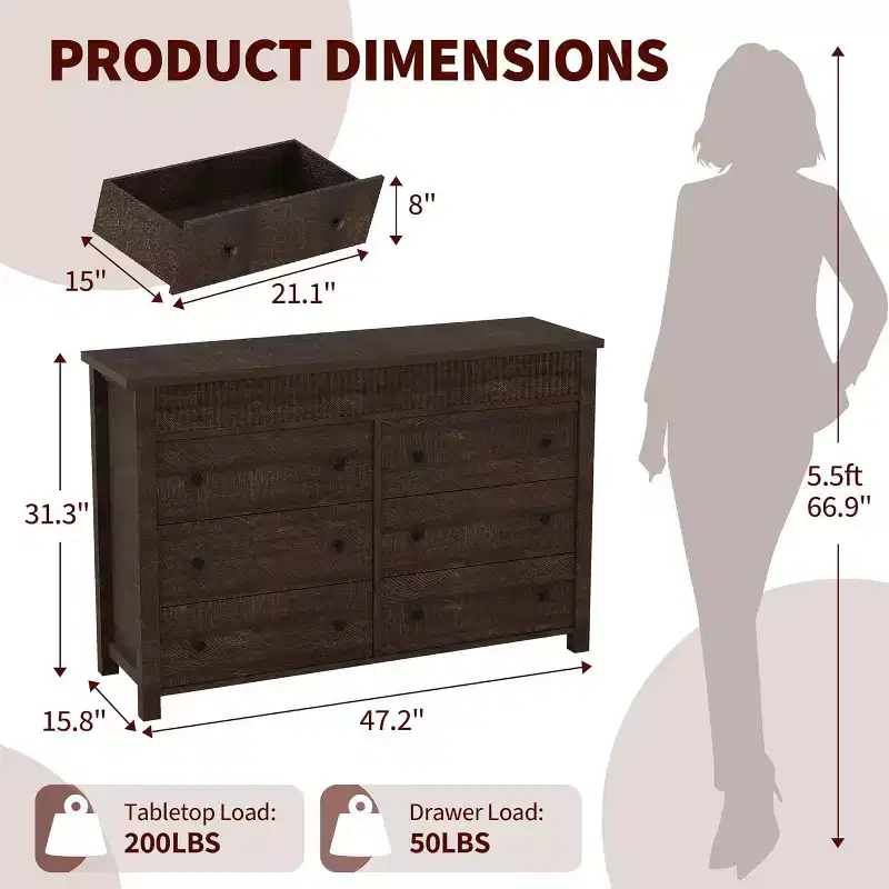 COZONY 6-Drawer Dresser with Fluted Design, Modern Wood Storage Cabinet for Bedroom Living Room Entryway Organization