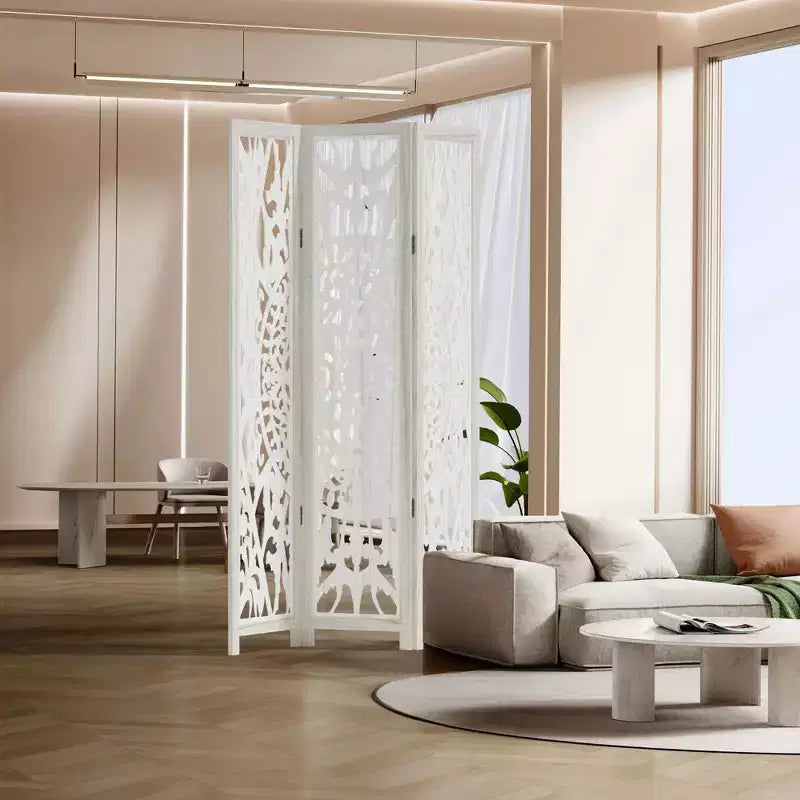 PexFix Room Divider Folding Screen Room Divider with Carved Floral Pattern for Home Office Garden Bedroom Paulownia Wood
