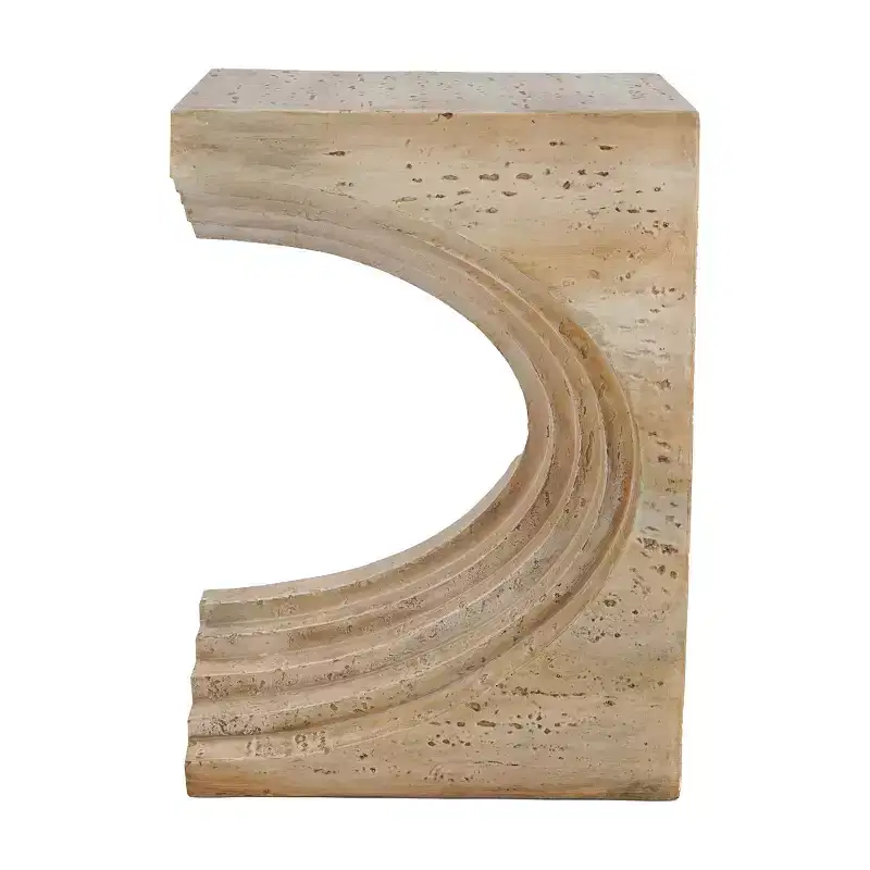 GDFStudio Taehyung Modern Lightweight Concrete Sculptural Arched Side Table with Faux Travertine Finish