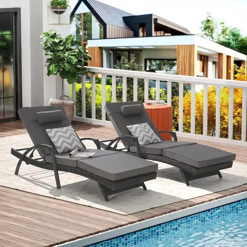 Outdoor Wicker Long Reclining Chair Set of 2 with Cushions