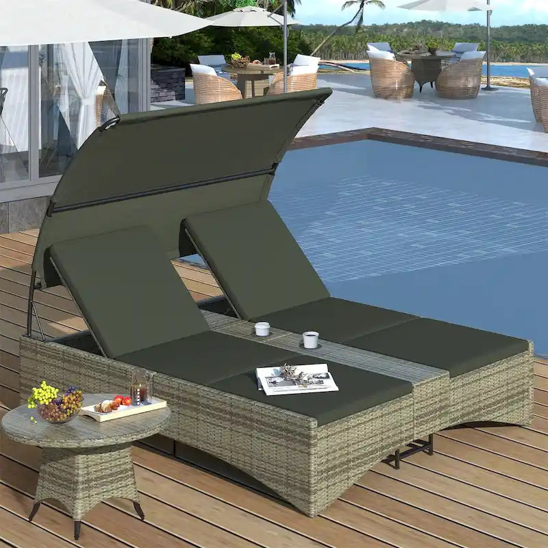 Daybed Outdoor Rattan Sun Lounger with Shelter Roof