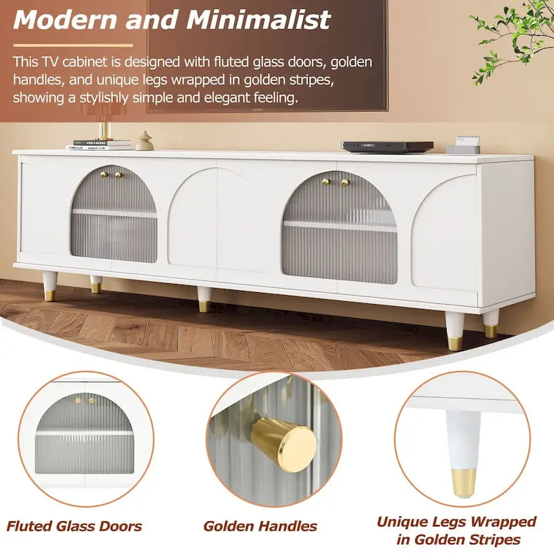 TV Stand for TVs Up to 78, Entertainment Center with Adjustable Shelves, Gold Handles and Arch Fluted Glass Doors