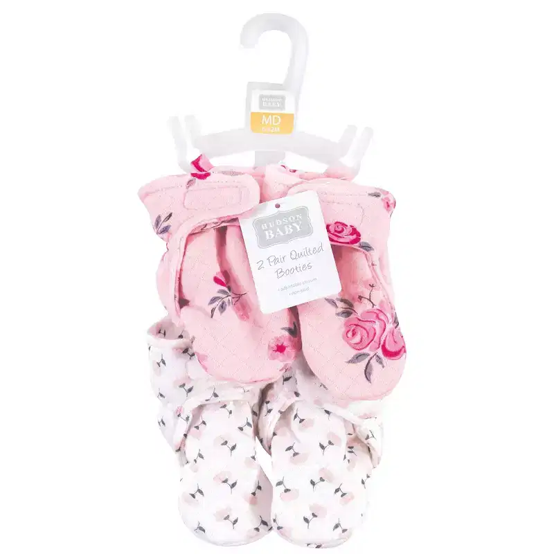 Hudson Baby Infant and Toddler Girl Quilted Booties 2pk, Pink Navy Floral