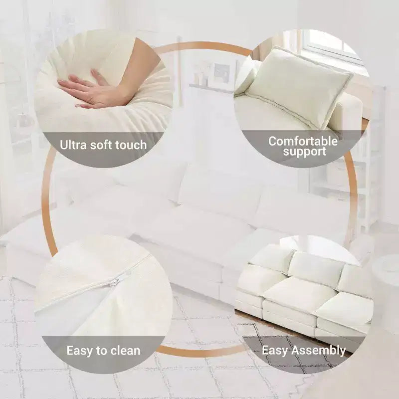 4-Piece Modular Sectional Sofa with Ottoman & Side Pockets – Chenille & Faux Fur, Beige