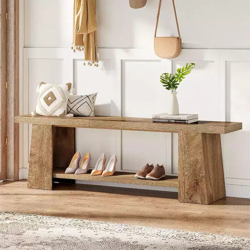 Lantine 2-Tier Entryway Bench, 59-inch Shoe Bench with Storage Shelves, Wood End of Bed Bench for Entryway, Bedroom, Living Room