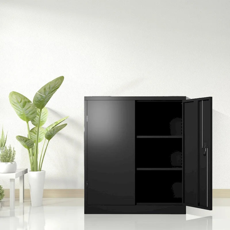 Black Steel Lockable Storage Cabinet Two Doors Adjustable Shelves