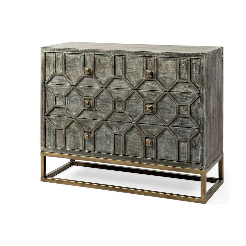 I Gray Fir Veneer w/ Iron Frame & 3 Drawer Accent Cabinet - 39.0L x 15.7W x 30.9H