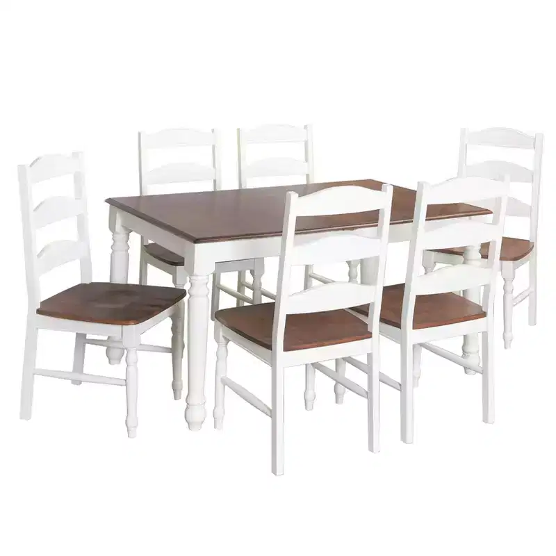 Buylateral 7Pc Skipton Dining Set White/Walnut: Rectangle Table, 6 Wood Chairs, Rubberwood Frame