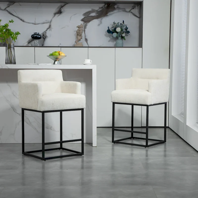 Modern Chenille/Leather Upholstered Bar Stools with Metal Frames and Solid Back (set of 2)