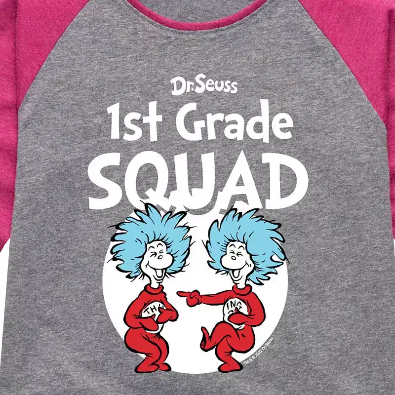 Girls' - Dr. Seuss - 1st Grade Squad Thing 1 and Thing 2 Shirt Tail Raglan Graphic T-shirt