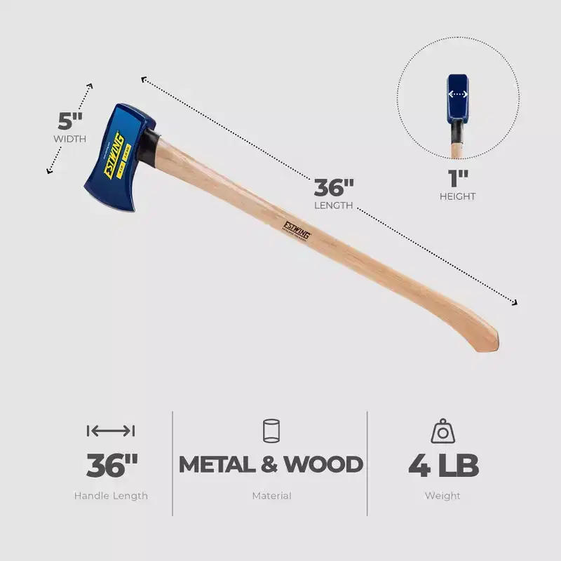 ESTWING 4 Pound 36 Inch Full Sized Hand Sharpened Axe with Curved Wooden American Hickory Handle for Cutting and Splitting, Green