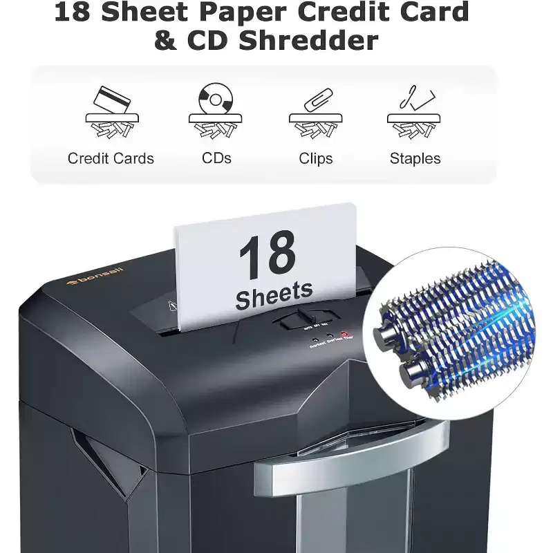 Bonsaii Heavy Duty Cross-Cut 18-Sheet Paper Shredder, Up To 60 Minutes Shredding, 6 Gallon Pullout Basket 4 Casters, Low Noise, P-4 Security Level