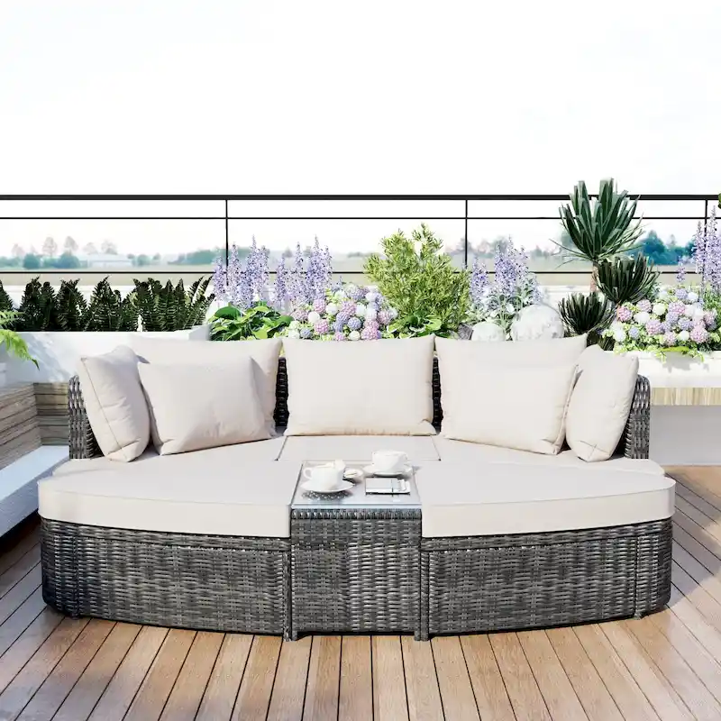 6 Piece Outdoor Round Sofa Set, All Weather Patio Conversation Set, PE Wicker Rattan Sectional Sofa Set with Coffee Table