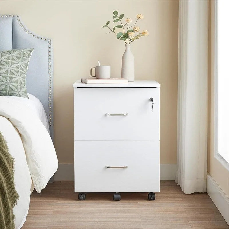 White 2-Drawer Mobile File Cabinet with Lock and Wood Finish