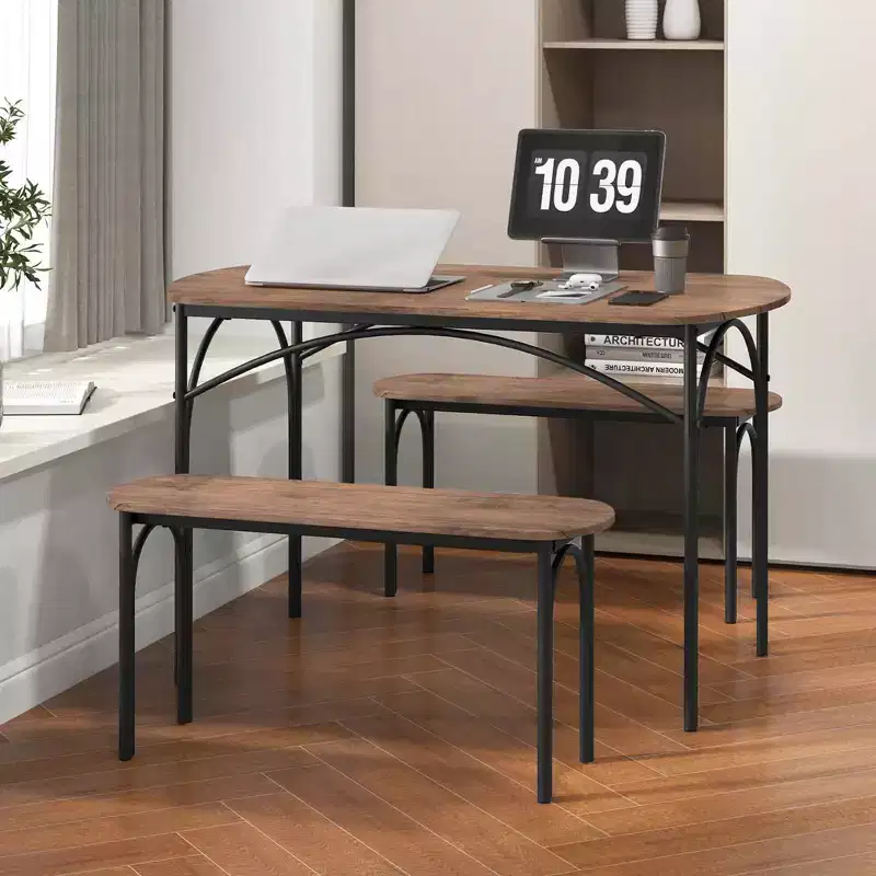 Costway 3 PCS 48 Dining Table Set for 4Rectangular Table & 2 Benches with Metal Frame
