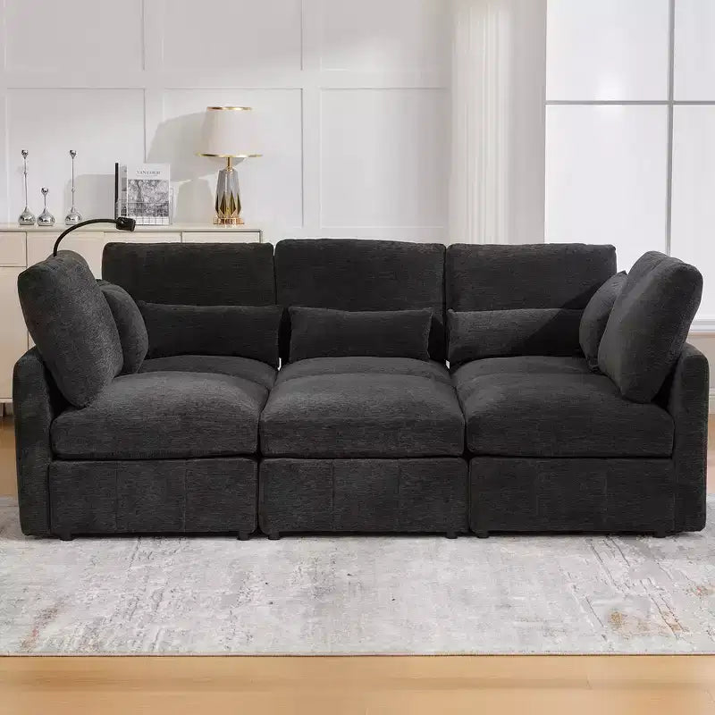 Whisen Multi-Functional Chenille Sofa with Modular Ottoman, USB Ports & Phone Holder