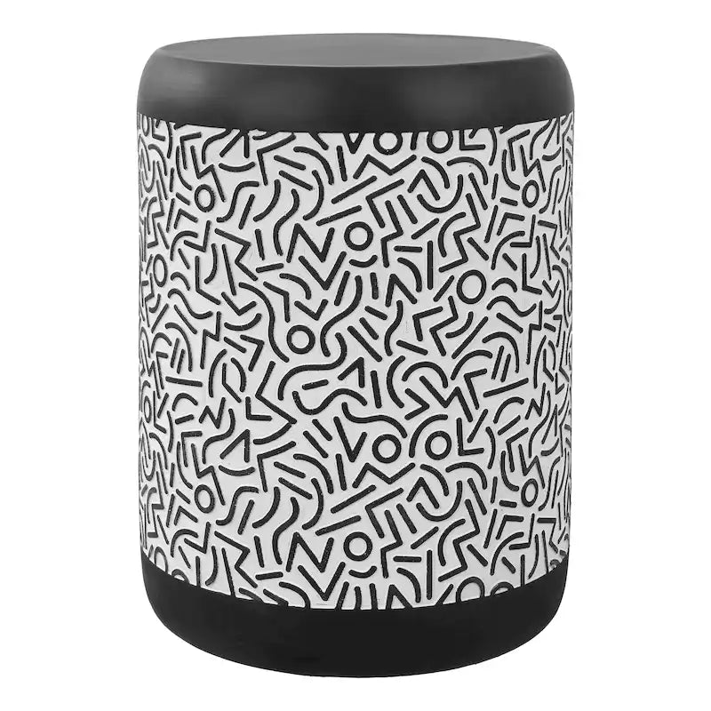 Kiri 17.75 Modern Bohemian Geometric Drum Garden Stool, Black/White, by JONATHAN Y