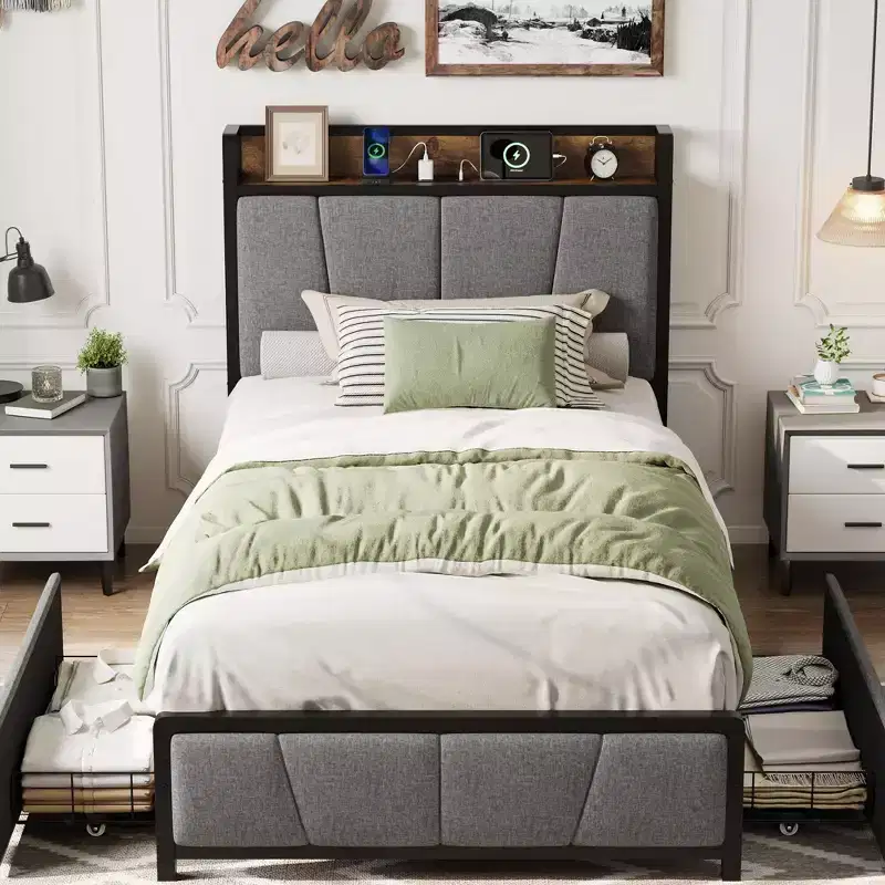 Bed Frame with 2 Storage Drawers and Charging Station, Rustic Linen Upholstered Platform Bed with Storage Headboard