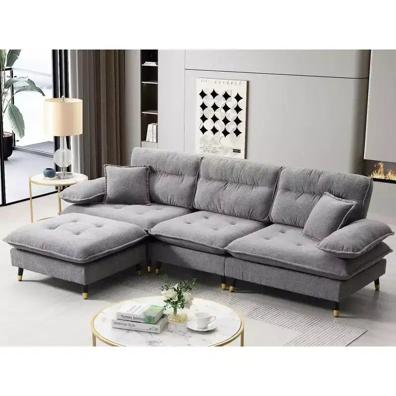Okak 106 L-Shaped Convertible Sectional Sofa 4 Seat with Movable Ottoman&2-tone Adjust Legs,Cloud Chenille Couch for Living Room,Apartment
