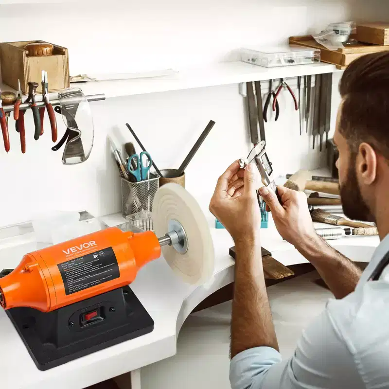 VEVOR 3/4HP Bench Buffer Polisher, 8-inch, 3450RPM Single Speed Benchtop Polisher with 2PCS Cloth Wheels & Cast Iron Base, Orange+Black