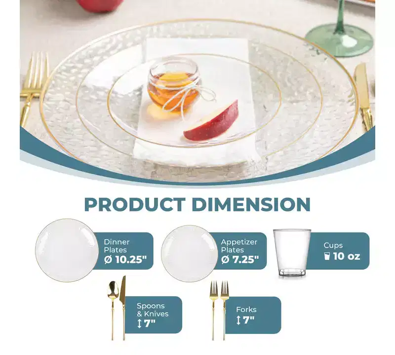 Posh Setting 840 Piece Clear And Gold Plastic Party Bundle - Organic Hammered (120 Settings)