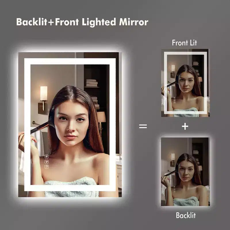 Whizmax LED Bathroom Mirror Wall-Mounted Vanity Mirrors Stepless Dimmable Wall Mirrors with Anti-Fog, Backlit + Front Lit, Tempered Glass